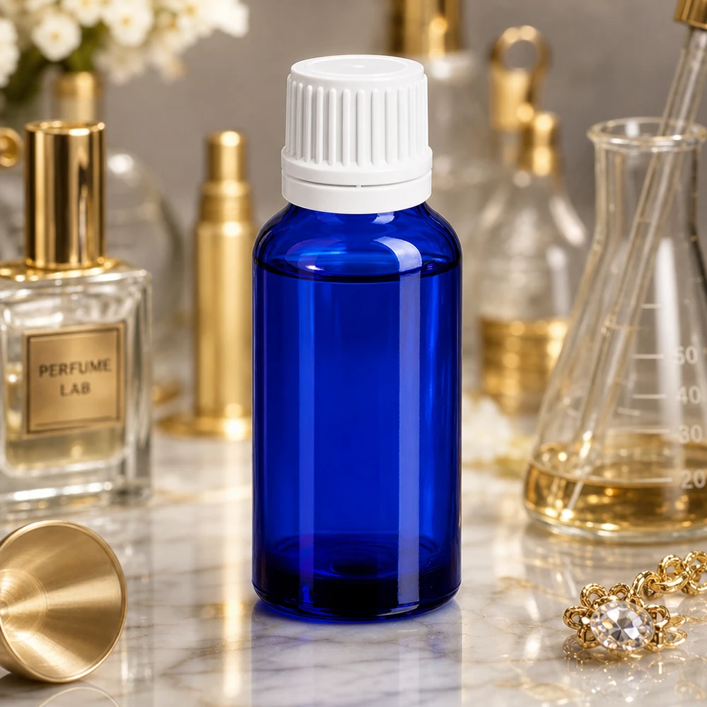20 ml Dropperflaske 0,7 mm hvid OV BlueLine UT18/20 Kompakt 20 ml dråbeflaske i elegant blå med børnesikret UT18/20-gevind