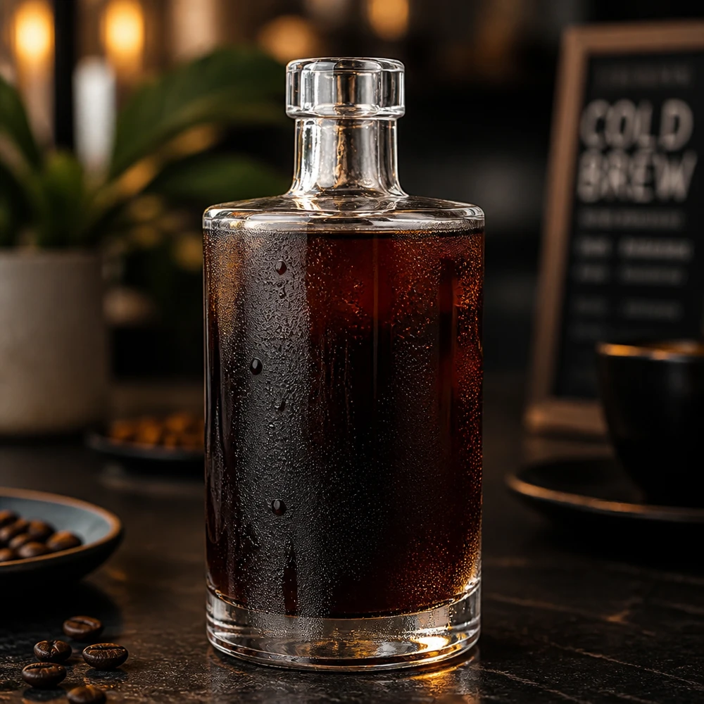 350 ml glasflaske Marie uden lukning UNiTWIST® 350 ml glasflaske Marie fyldt med koldbrygget kaffe Kaffebønner Ambience Gastronomy Application Image 6 of 10