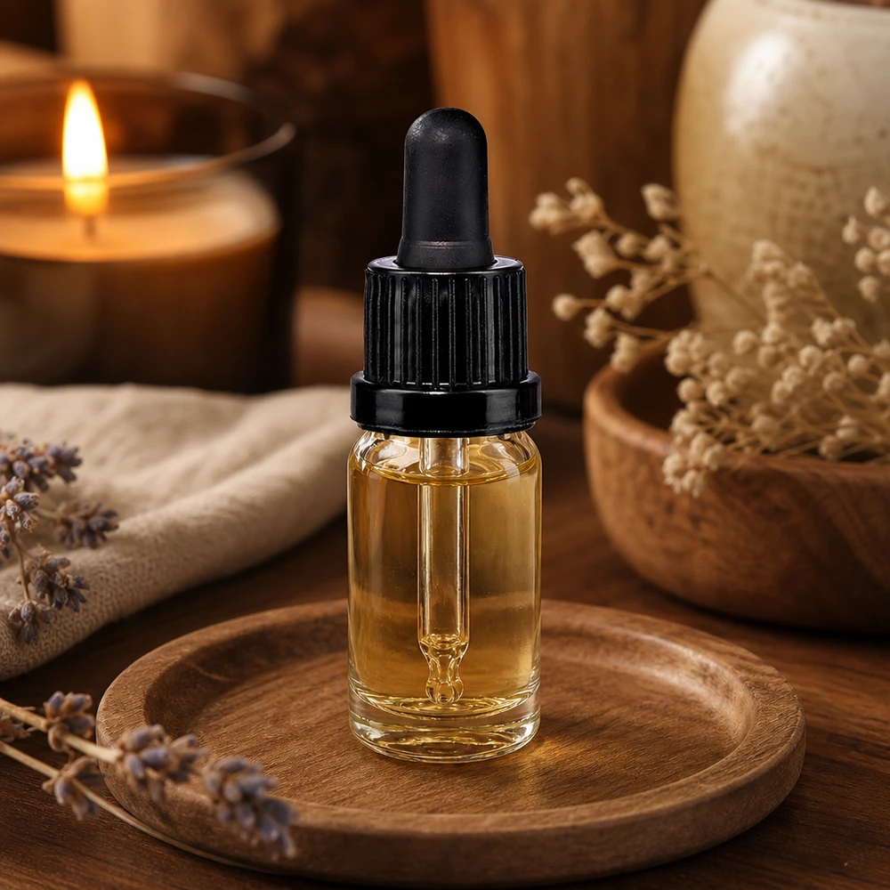 10 ml pipetteflaske sort OV ClearLine UT18/10 Gennemsigtig 10 ml pipetteflaske med sort gummipumpe på træbakke i et wellness-miljø