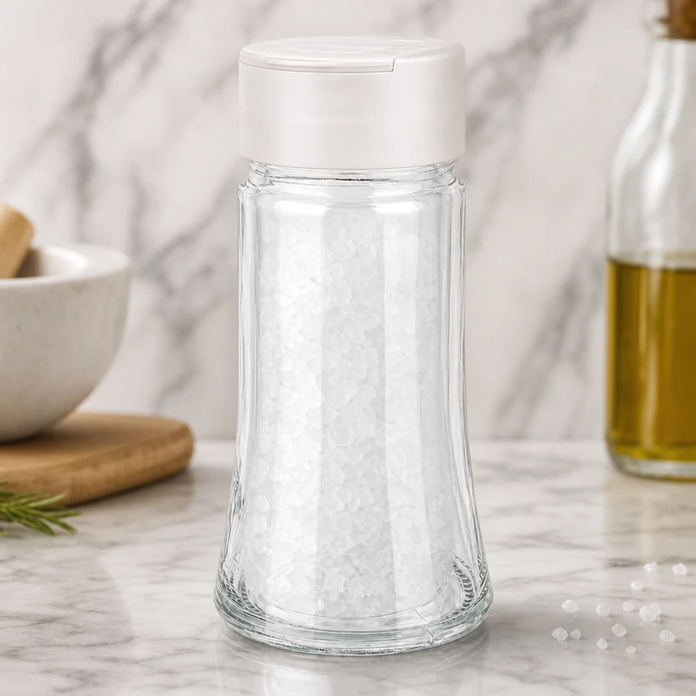 Salt-/krydderikrukke 95 ml med dobbelt strøer, hvid 95 ml saltglas med hvid dobbeltstreuer, fyldt med groft havsalt, på en marmorplade