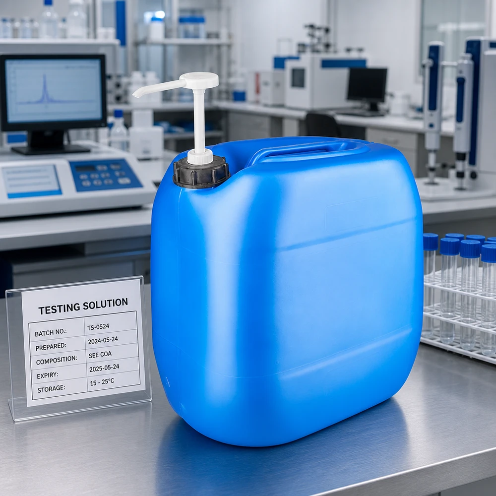 30 liters blå dunk med doseringspumpe Blå 30-liters dunk med doseringspumpe på et laboratoriebord af rustfrit stål ved siden af reagensglas