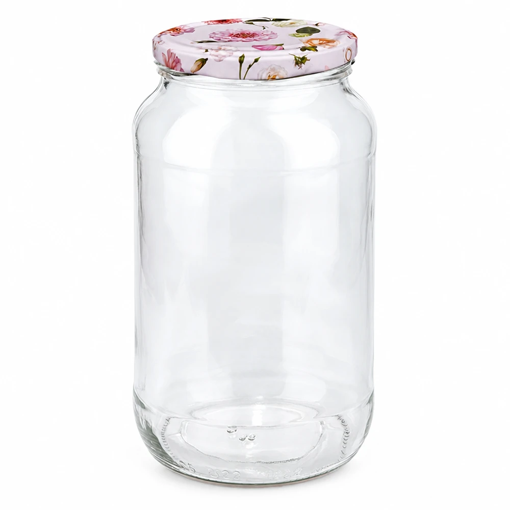 1062 ml rund krukke + BasicSeal låg, lyserød UNiTWIST Rund krukke 1062 ml med lyserødt blomsterlåg BasicSeal-lukning Opbevaringskrukke Konserveringskrukke