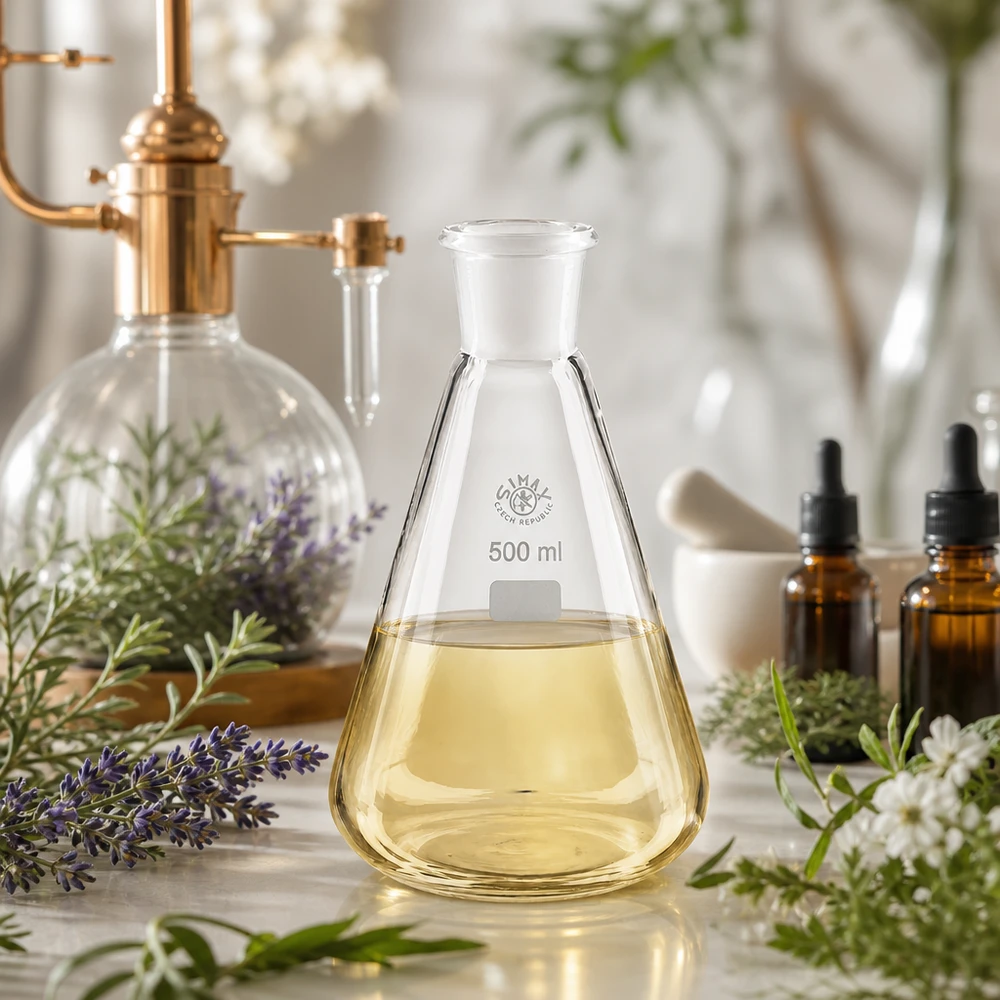 Erlenmeyer-kolbe 500 ml med standard slebet led (29/32) Gul opløsning i en gennemsigtig 500 ml Erlenmeyer-kolbe med standardiseret jordforbindelse NS 29/32