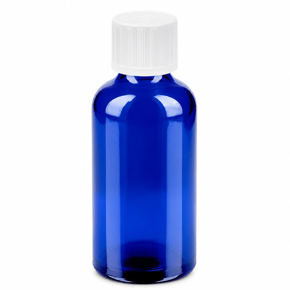 50 ml blå glasflaske med hvidt skruelåg til æteriske olier og kosmetik