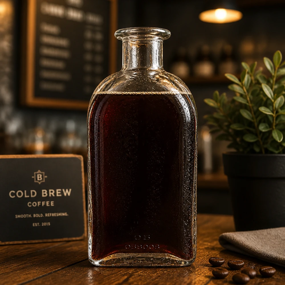 500 ml apoteksflaske Julia uden lukning UNiTWIST® 500 ml Julia glasflaske fyldt med koldbrygget kaffe i en caféatmosfære med kaffebønner og stilfuld præsentation