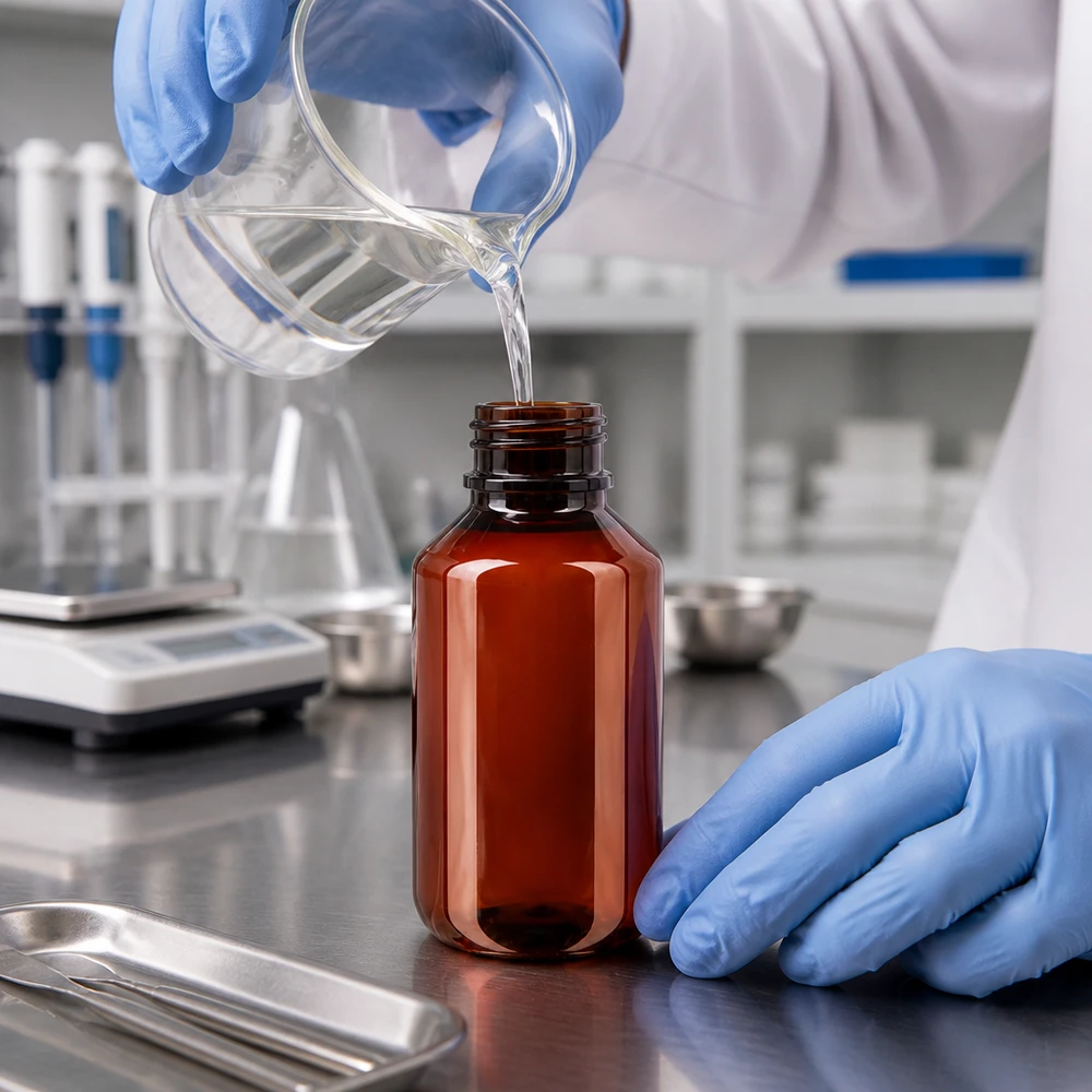 PET-flaske 100 ml med sort sprayhætte OV Kleine bernsteinfarbene Kunststoffflasche 100ml für Laborchemikalien beim fachgerechten Befüllen