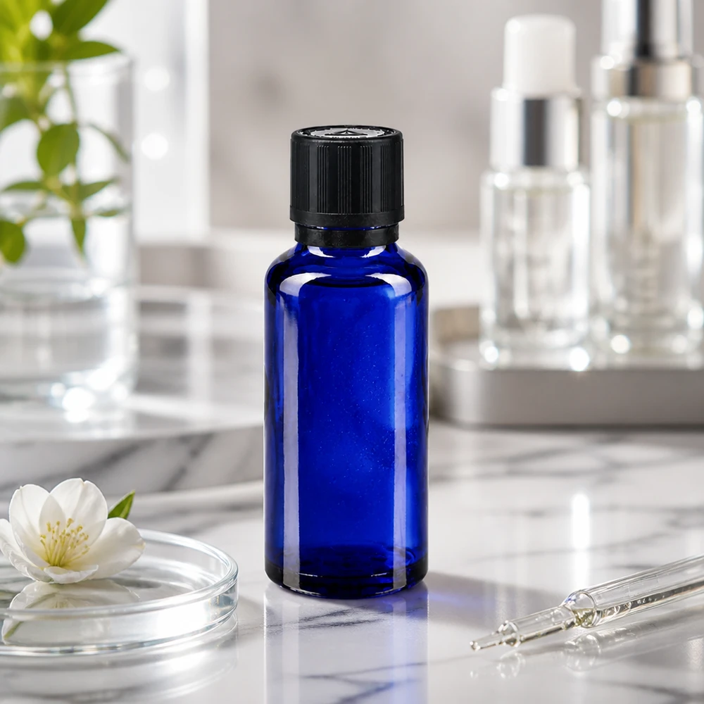 Blå 30 ml glasflaske med KiSi-lukning på marmor ved siden af en pipette og en hvid blomst