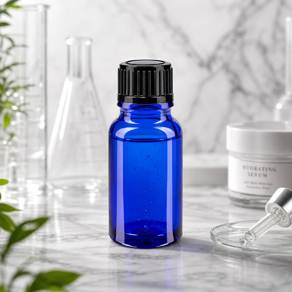 Apotekerflaske, 10 ml, blå med sort låg ved siden af en laboratoriekolbe og hyaluronserum