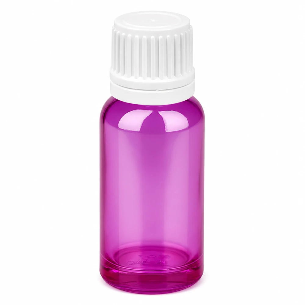20 ml flaske 11 mm skruelåg hvid Originality skruelåg PurpleLine UT18/20 20 ml glasflaske i violet med hvidt skruelåg til æteriske olier og kosmetik