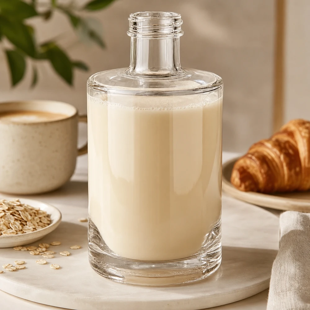 375 ml glasflaske »Sam« uden skruelukning UNiTWIST® 375 ml glasflaske Sam fyldt med cremet havremælk arrangeret ved siden af croissant og kaffekop på træplade