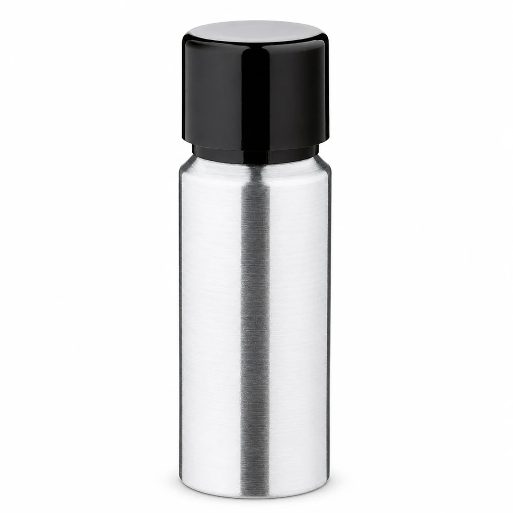 20 ml flaske i poleret aluminium med skruelåg 20 ml aluminiumsflaske med skruelåg i sort børstet aluminium til kosmetik og æteriske olier