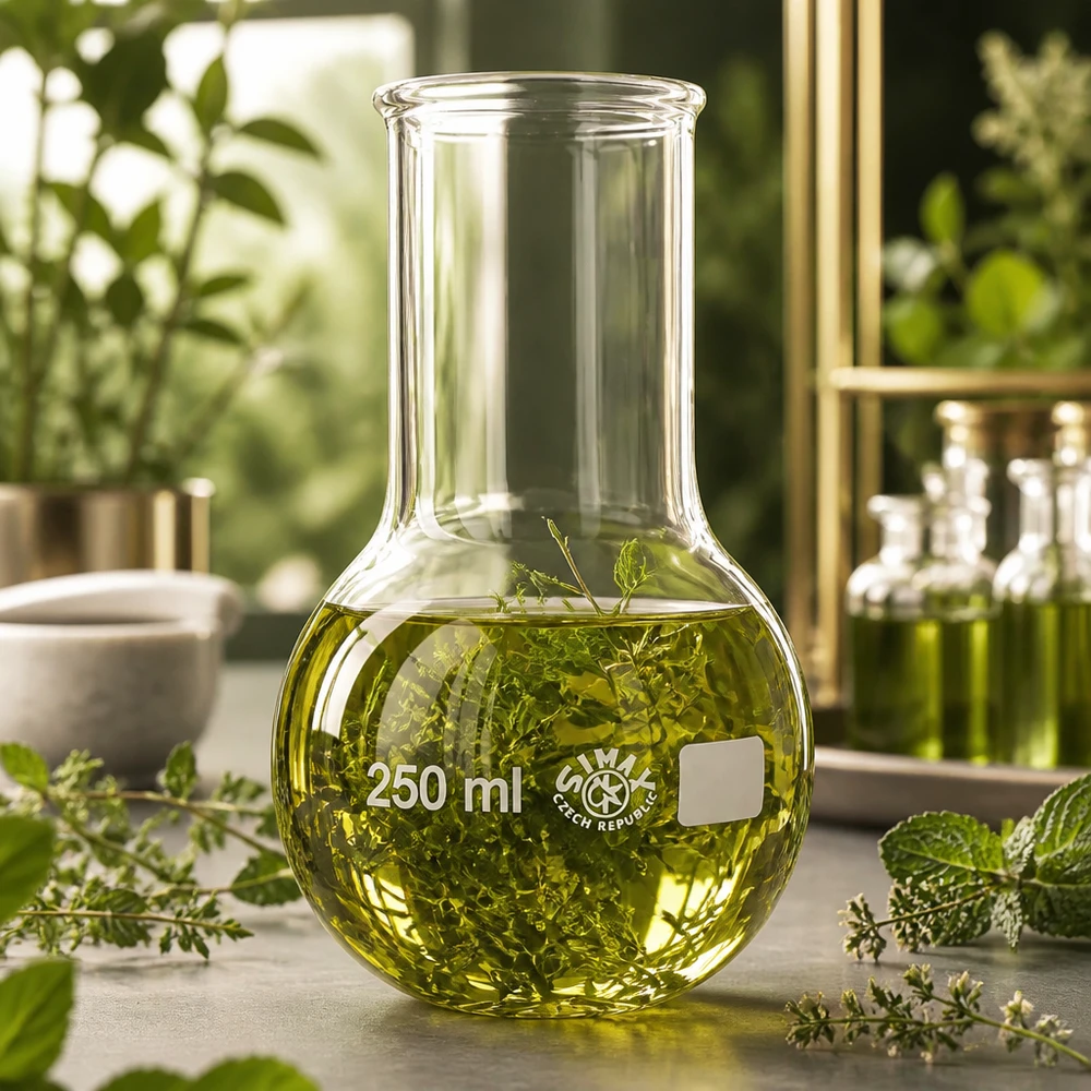Kolbe med rund bund og bred hals 250 ml Gennemsigtig kolbe med rund bund og bred hals på 250 ml til destillation og ekstraktion af plantestoffer