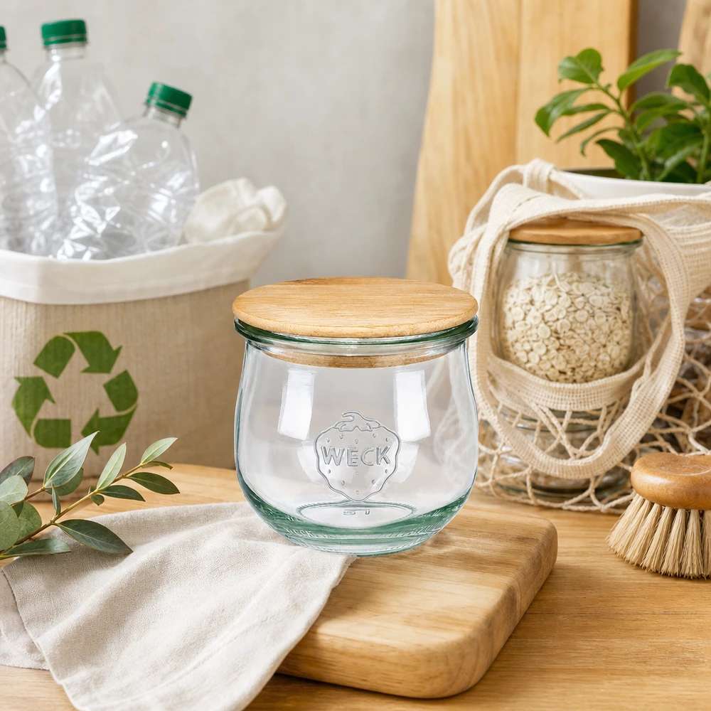 370 ml tulipankrukke WECK RR80 med trælåg WECK tulipankrukke 370 ml RR80 med trælåg i bæredygtigt zero-waste-køkken med genbrugsredskaber og naturlig dekoration