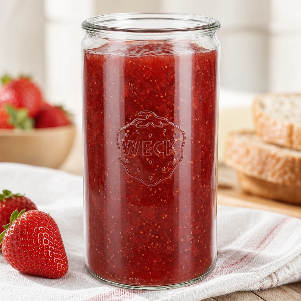 1590 ml WECK RR100-glasbeholder WECK Zylinderglas 1590ml RR100 gefüllt mit Erdbeermarmelade neben frischen Erdbeeren und Brot in heller Küche