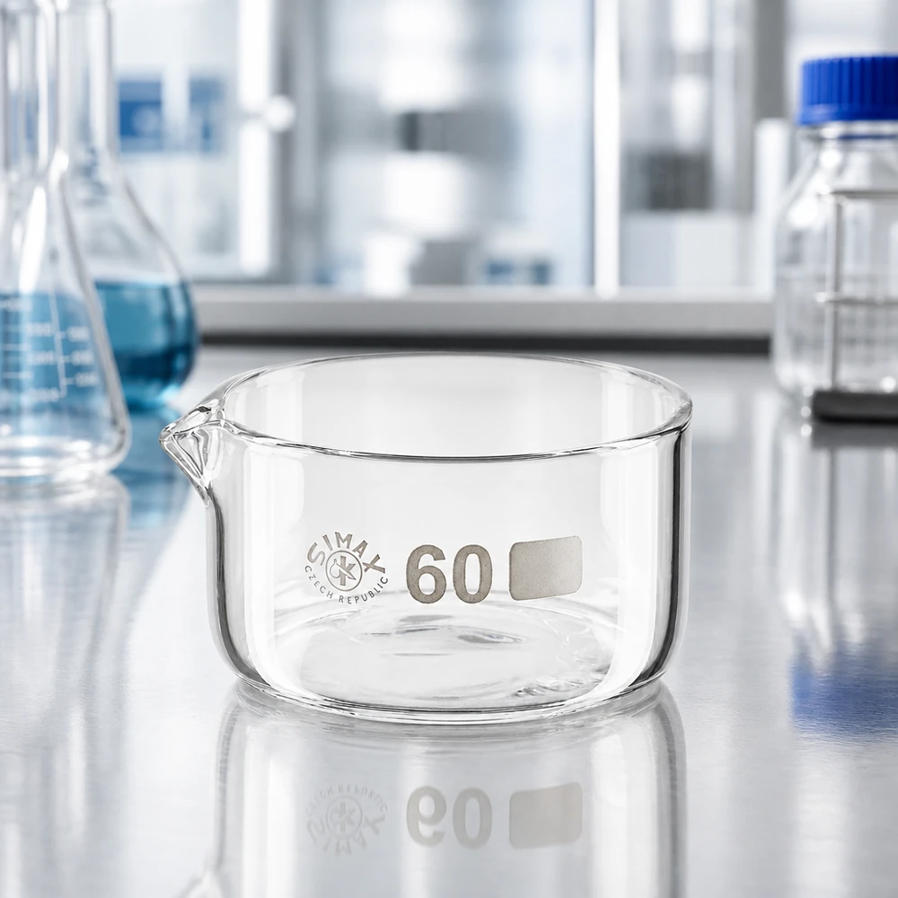 Krystalliseringsskål 60 ml med borosilikat-tud Glasskål 60 ml, krystalliseringsskål med flad bund og hældetud, laboratorieudstyr, fordampningsskål, Simax