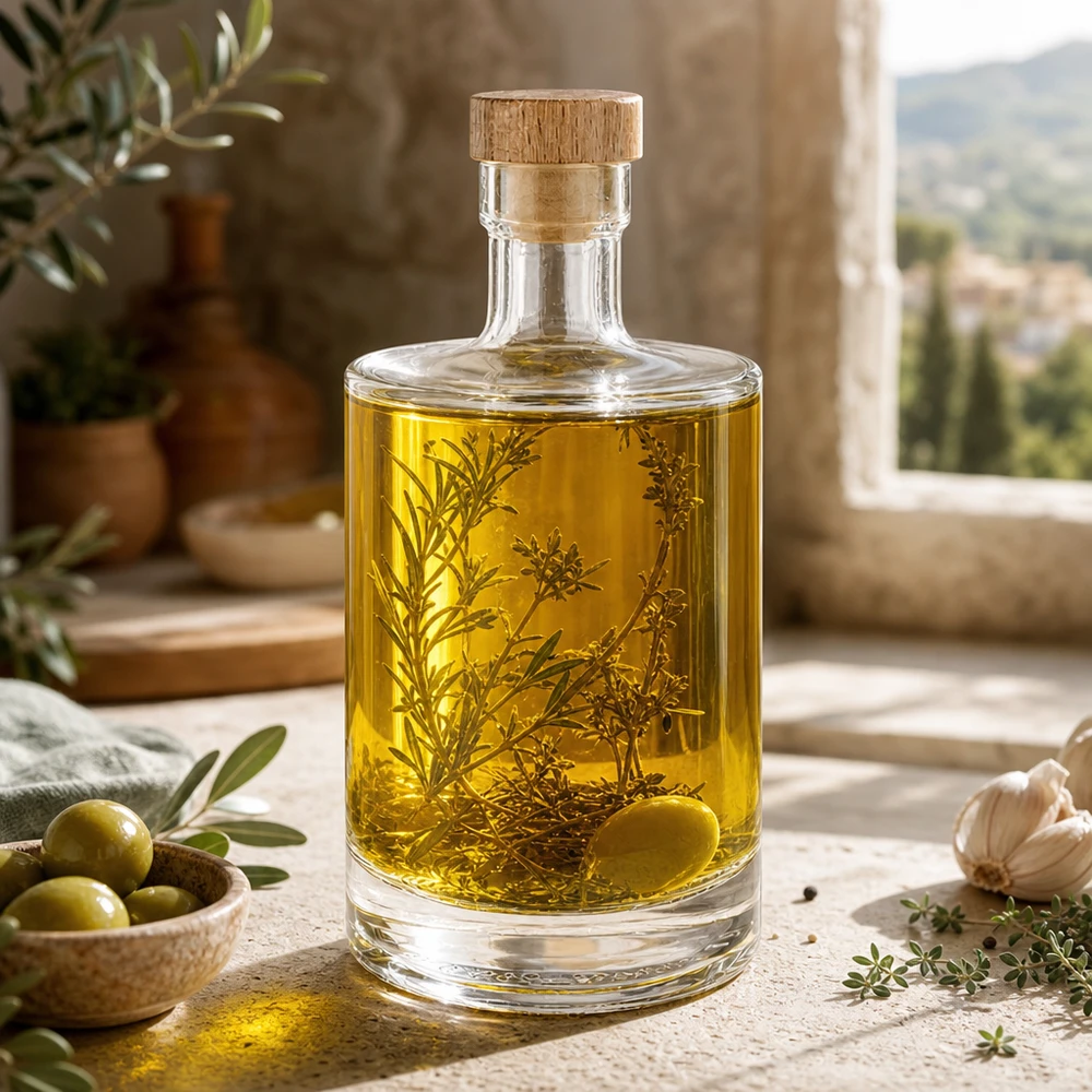 500 ml glasflaske 500ml Glasflasche "Marie" mit Holzgriff-Korken UNiTWIST med træhåndtag UNiTWIST® 500ml Glasflasche Marie mit Kräuteröl befüllt - Holzkorken UNiTWIST - mediterrane Küchendeko mit Oliven und Rosmarin