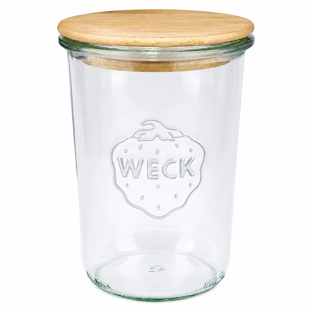 850 ml Briller WECK RR100 med trælåg WECK tumblingkrukke 850 ml RR100 med trælåg Konserveringskrukke transparent med WECK-logo