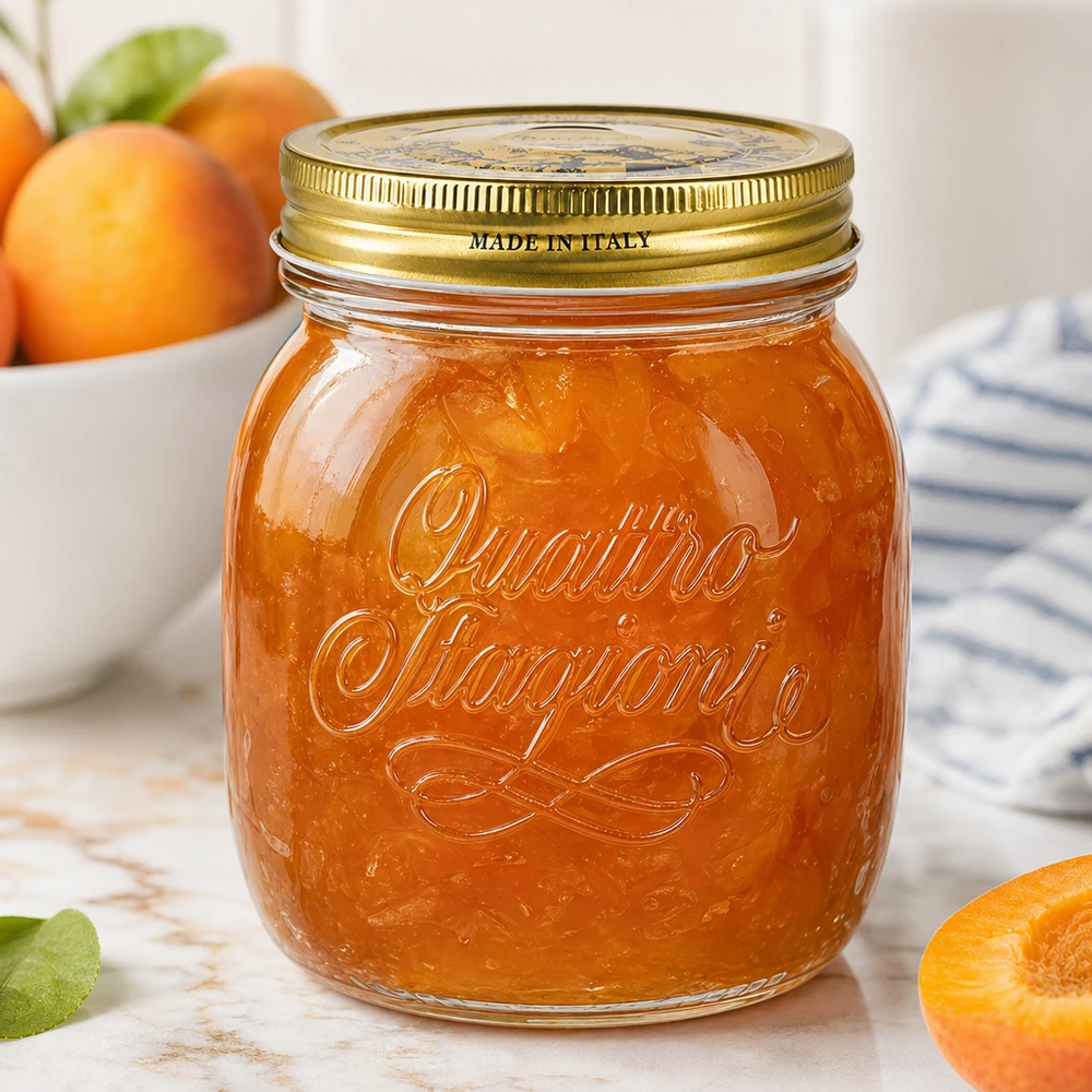 700 ml rundt glas "Quattro Stagioni" med låg Quattro Stagioni 700 ml rund krukke fyldt med abrikosmarmelade Fremstillet i Italien Konserveringskrukke til marmelade og smørepålæg