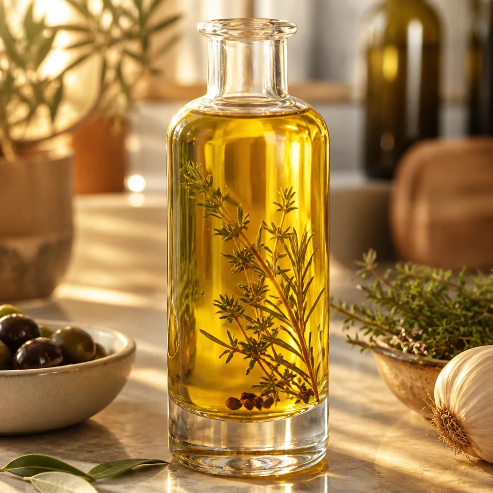 200 ml glasflaske »Ella« uden låg UNiTWIST® 200ml Glasflasche Ella mit Kräuteröl und Rosmarin befüllt zeigt elegante Küchennutzung für aromatisierte Öle