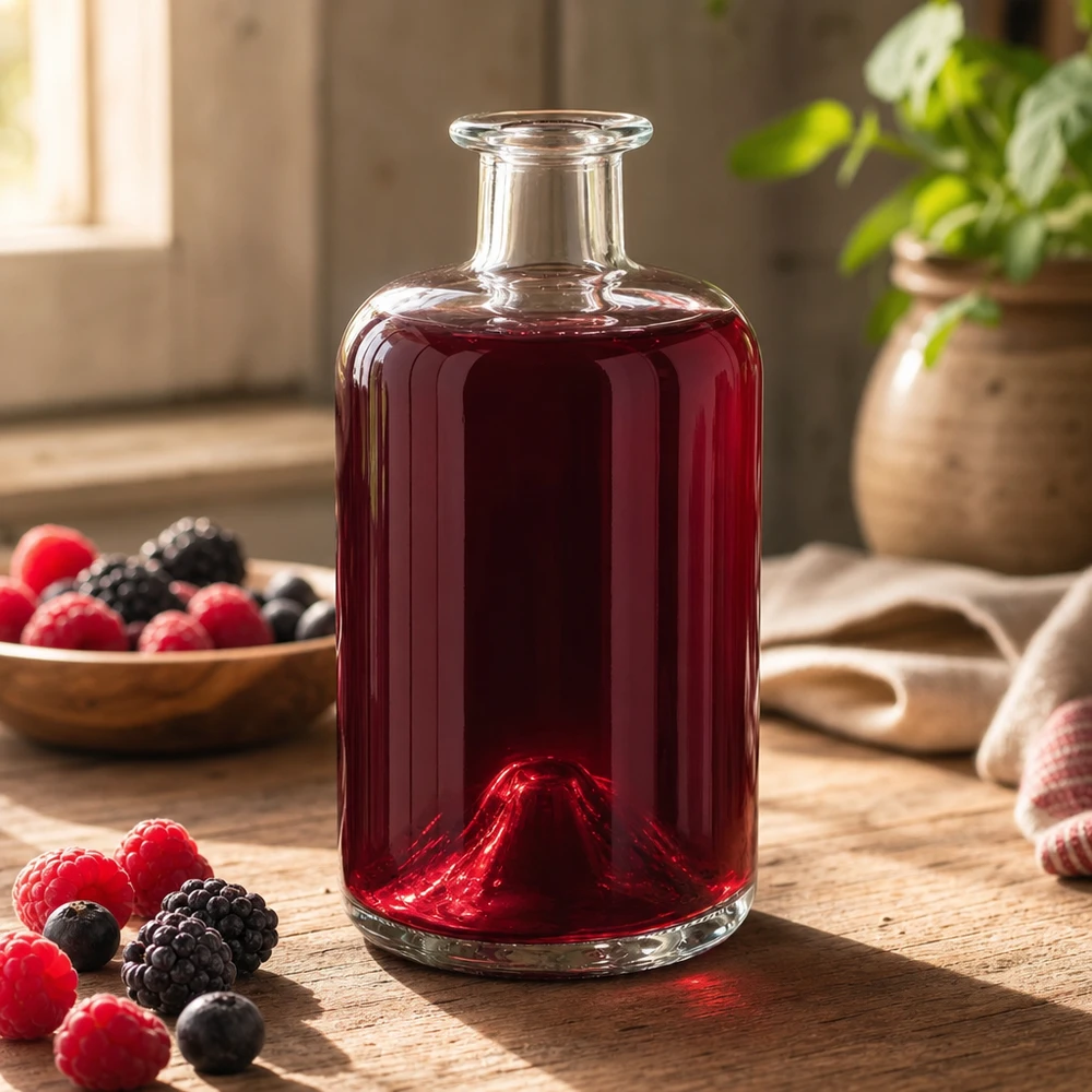 500 ml apoteksflaske 500ml Glasflasche "Sofia" ohne Verschluss UNiTWIST uden lukning UNiTWIST® 500ml Glasflasche Sofia mit rotem Beerensaft befüllt Himbeeren Brombeeren dekorative Küchendeko Apothekerflasche