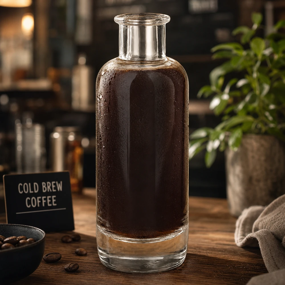200 ml glasflaske »Ella« uden låg UNiTWIST® 200 ml glasflaske Ella fyldt med koldbrygget kaffe i en caféatmosfære viser brug til kaffedrikke