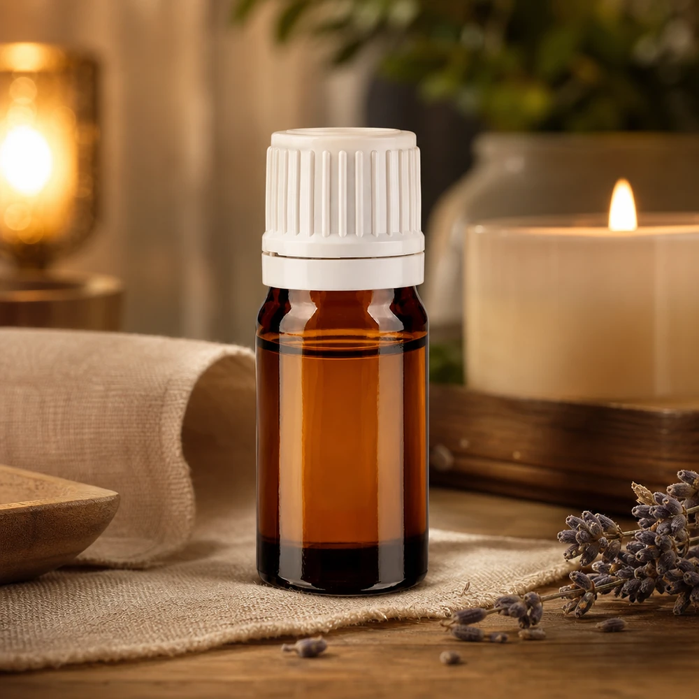 Apoteksflaske brun 5ml skruelåg hvid OV Miniatureflaske af brunt glas, 5 ml, med hvid skruelåg til naturkosmetik og wellness