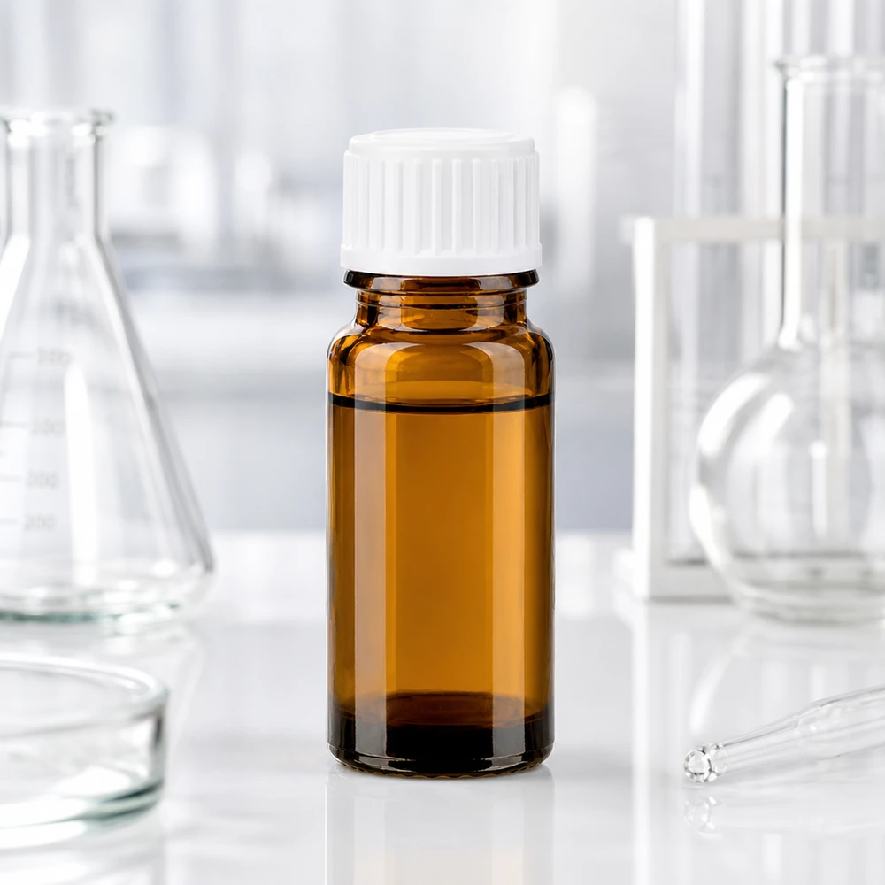 Farmaceutisk brun glasflaske på 10 ml med hvid dråbeflaske i laboratoriet