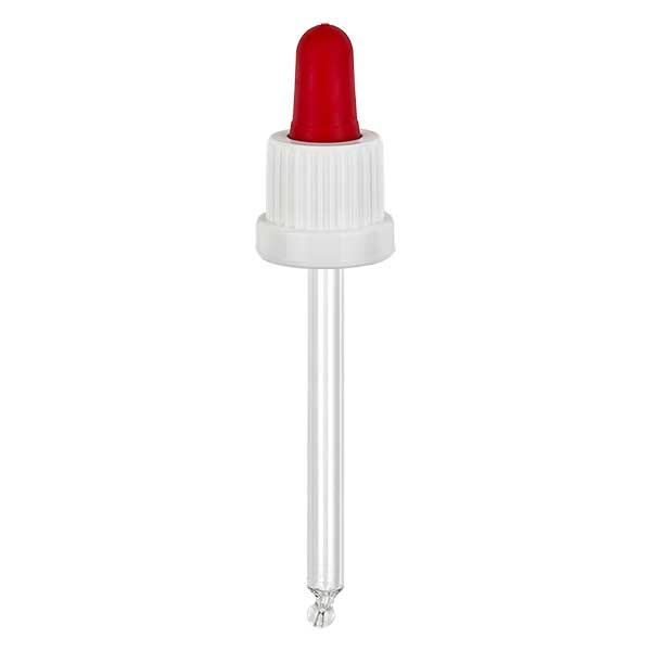 Pipettehætte hvid/rød DIN18, 78 mm pipettelængde med tamper-evident ring. Alkoholtæt. Til ApoGlas® 30 ml brun høj, blå, klar (+++); 50 ml klar (++) med 18 mm gevind.