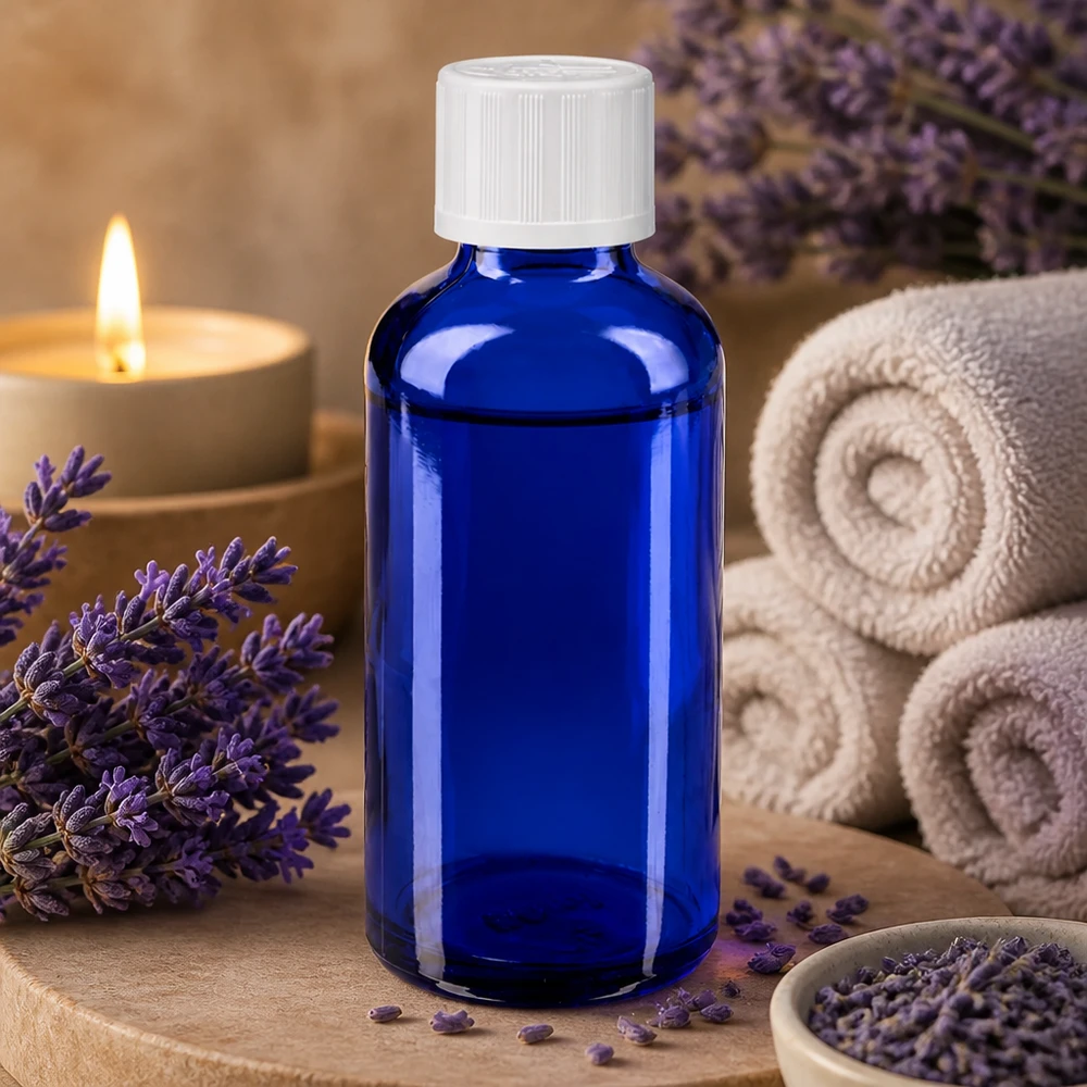 Blå 50 ml glasflaske med dråbeindsats mellem lavendelblomster og et stearinlys i en spa-omgivelse