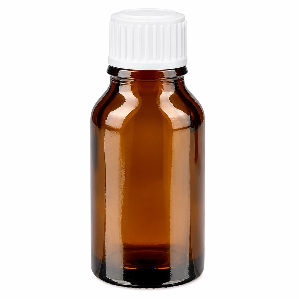 Brun apoteksflaske af glas, 15 ml, med hvid skruelåg