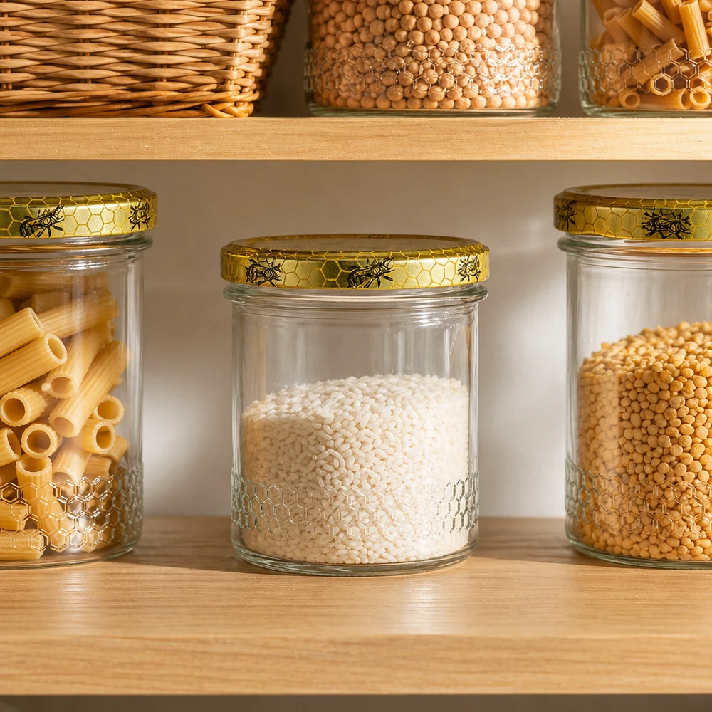 560 g honningglas med honningkagemønster-låg BasicSeal UNiTWIST 400 ml honningkrukke med honeycomb-låg i organiseret spisekammerkøkken, organisering af spisekammer med pasta og kornprodukter