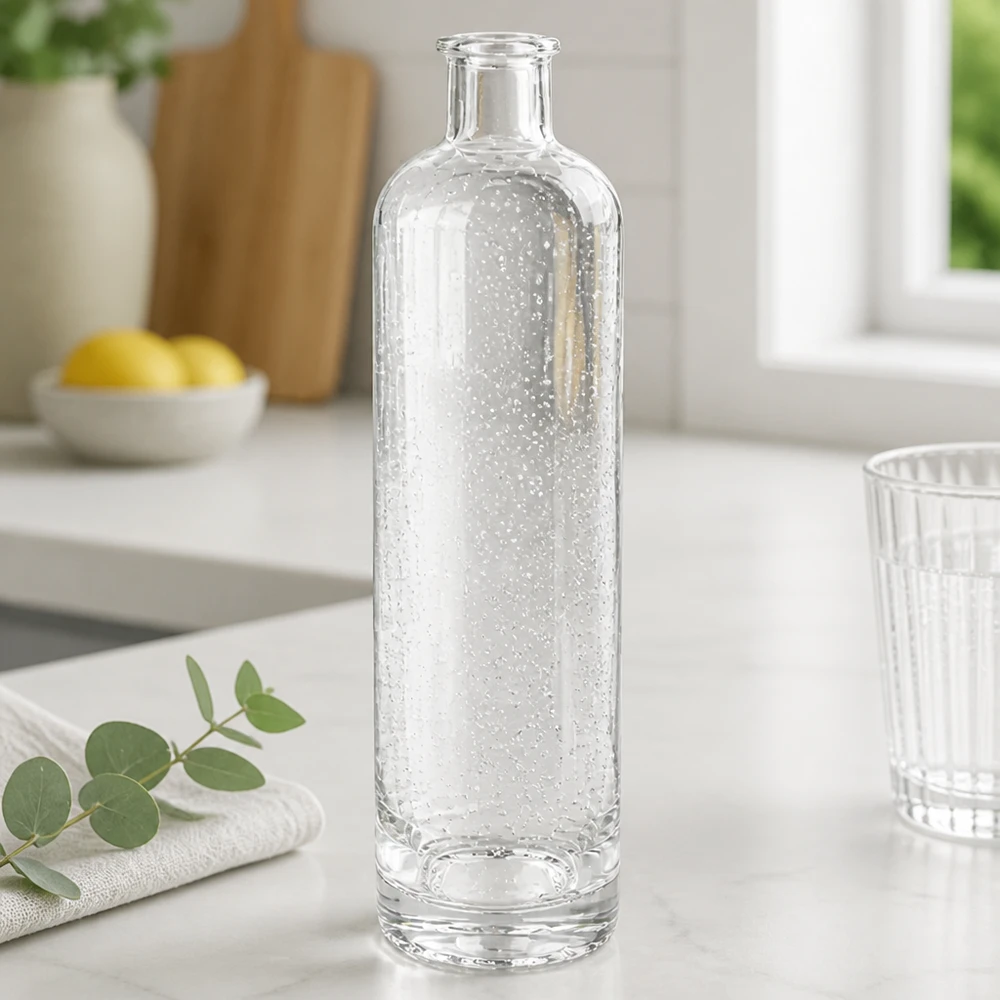 500 ml glasflaske »Ella« uden lukning UNiTWIST® 500ml Glasflasche Ella mit Sprudelwasser gefüllt elegante Küchenszene Bubbles sichtbar stilvolle Tischdekoration
