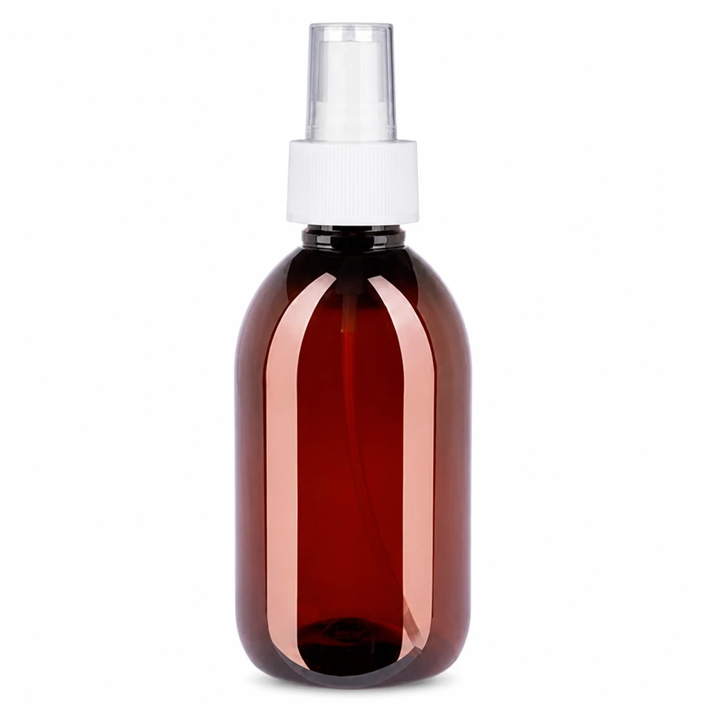 PET-flaske 250 ml med forstøver hvid Leere Sprühflasche 250ml aus PET in Braun mit weissem Zerstäuberverschluss