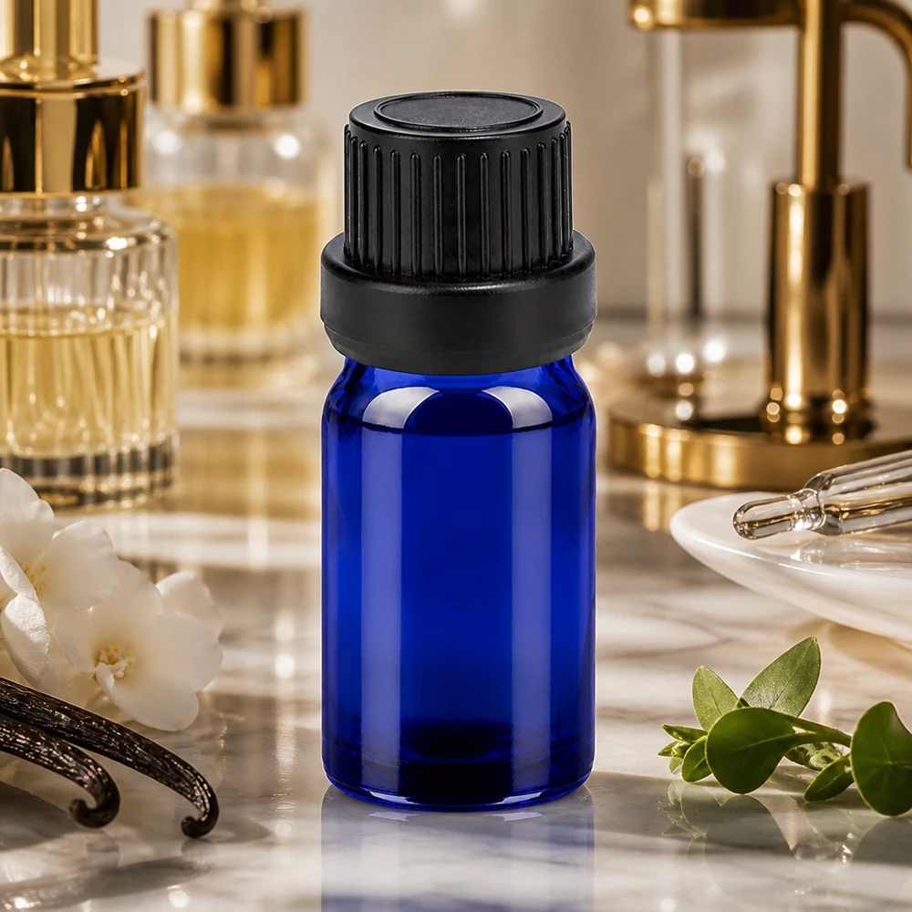 5 ml flaske 11 mm SV sort OV BlueLine UT18/5 5 ml blå glasflaske med sort hætte, ideel til parfume og duftolier UT18/5
