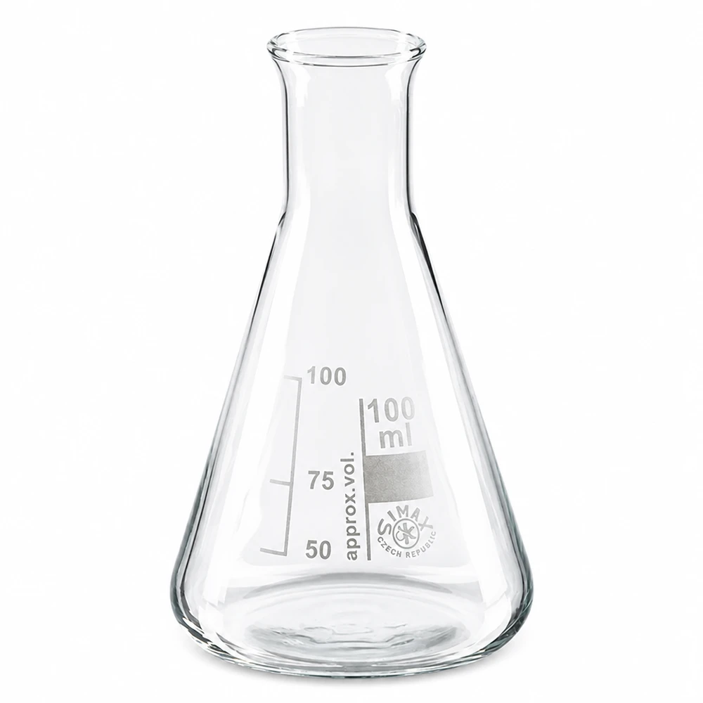 Erlenmeyer-kolbe 100 ml med smal hals Erlenmeyer-kolbe 100 ml med smal hals af klart borosilikatglas til laboratoriebrug