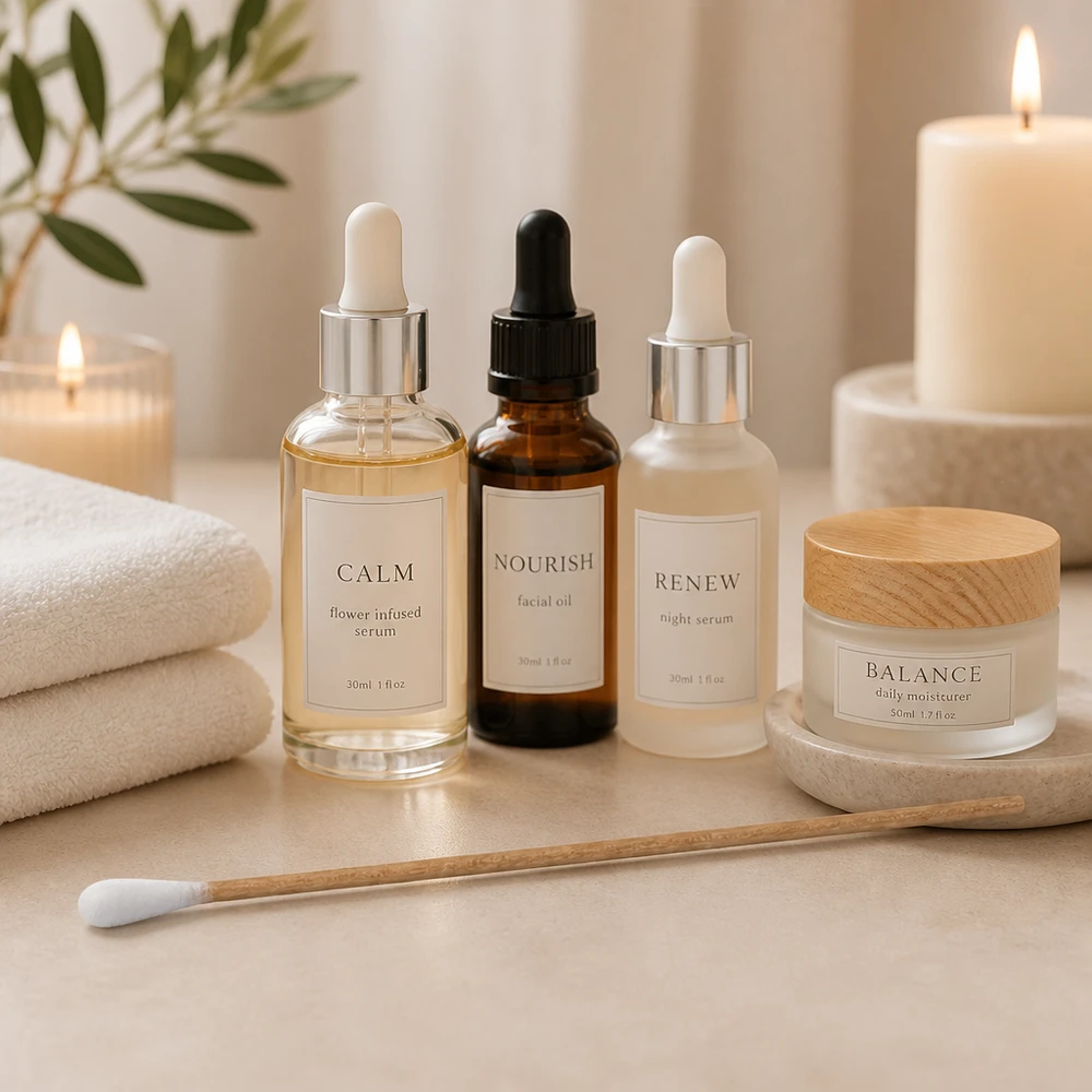 Vatpinde UNSTERIL Usterile vatpinde med træskaft ved siden af hudplejeprodukterne Calm Serum og Balance Moisturizer