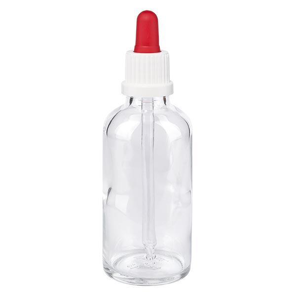 Apoteksflaske klar 50 ml pipette hvid/rød OV Apoteksflaske klar 50 ml pipette hvid/rød OV
