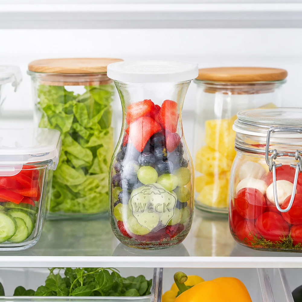 290 ml saftflaske med friskhedslåg WECK RR60 WECK 290 ml juiceflaske med frisk låg i køleskabet fyldt med bær ved siden af meal prep-glas med salat