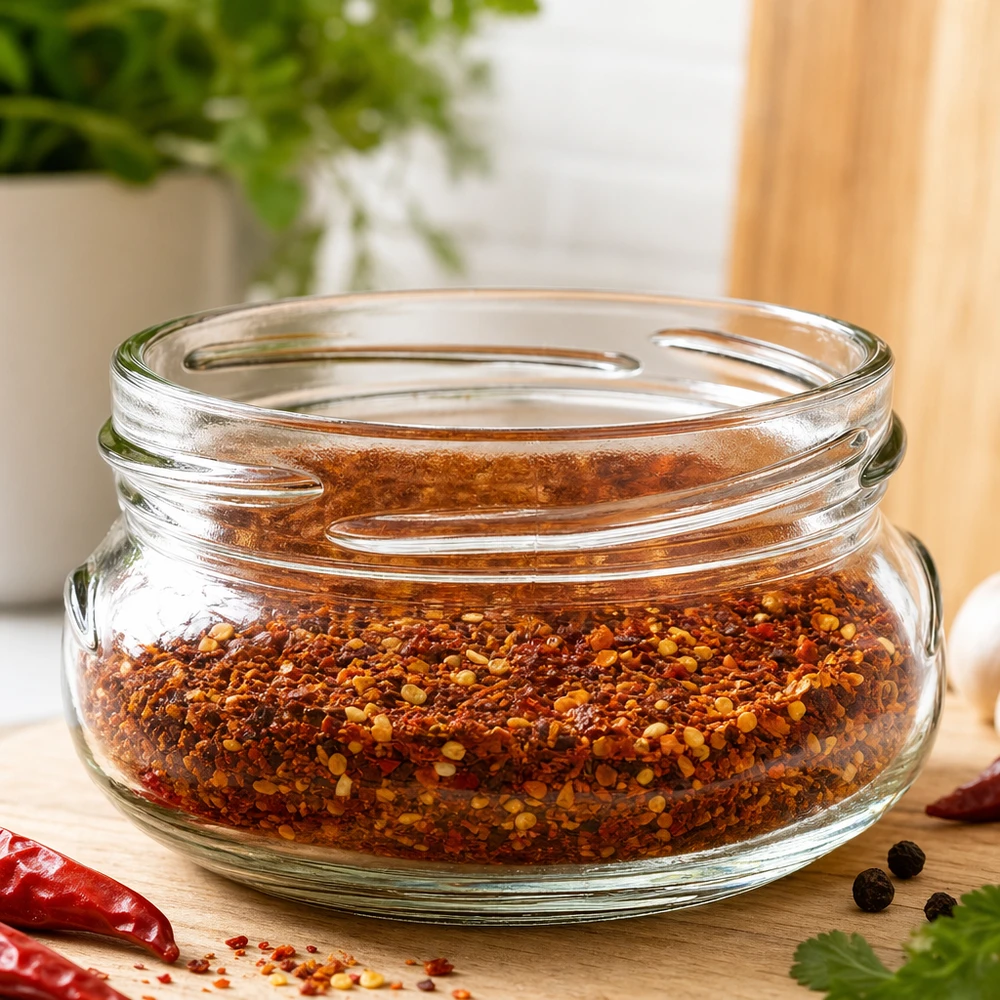 UNiTWIST Terrina120 - Terrinkrukke 120ml TO70 UNiTWIST Terrina120 terrineglas 120 ml TO70 med chilikrydderiblanding på træplade i køkkenet