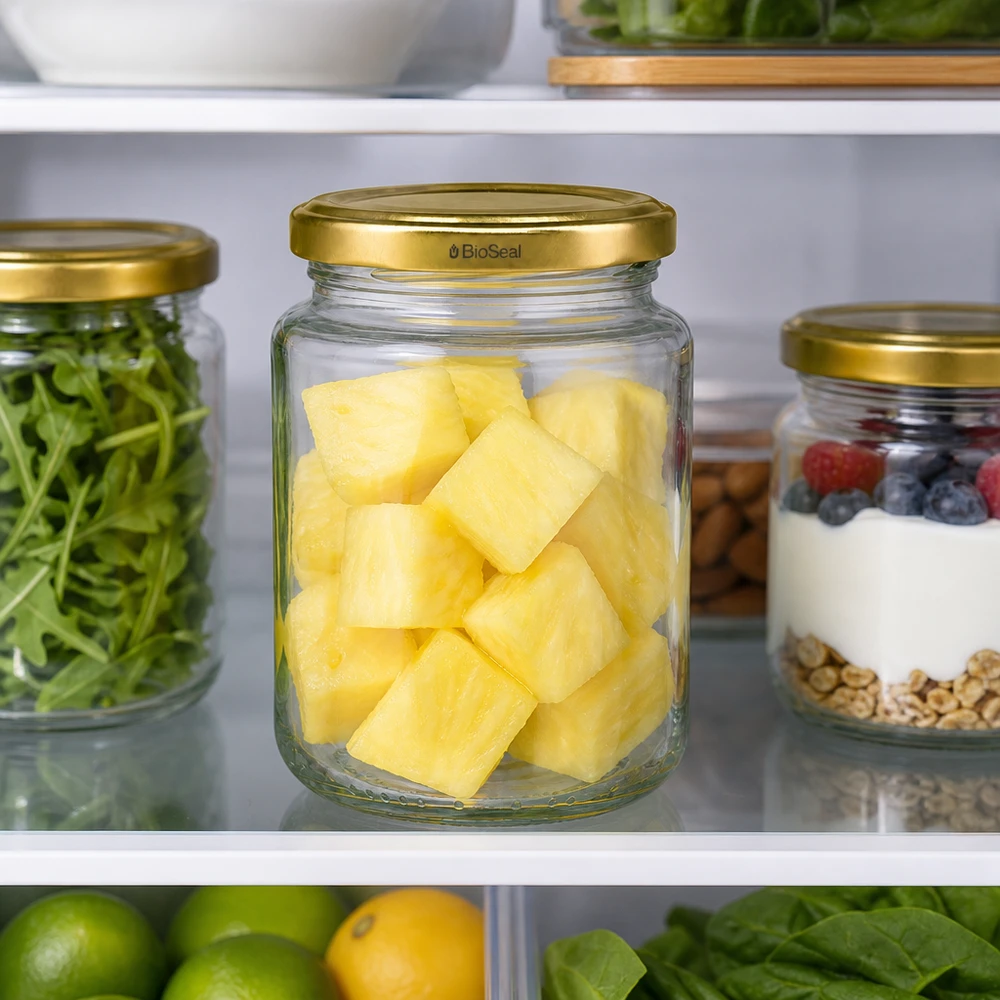 UNiTWIST Runda382 med gyldent låg TO66 BioSeal UNiTWIST Runda382 med TO66 BioSeal-låg i køleskabet, ananasstykker opbevaret friske, Meal Prep-opbevaringsglas