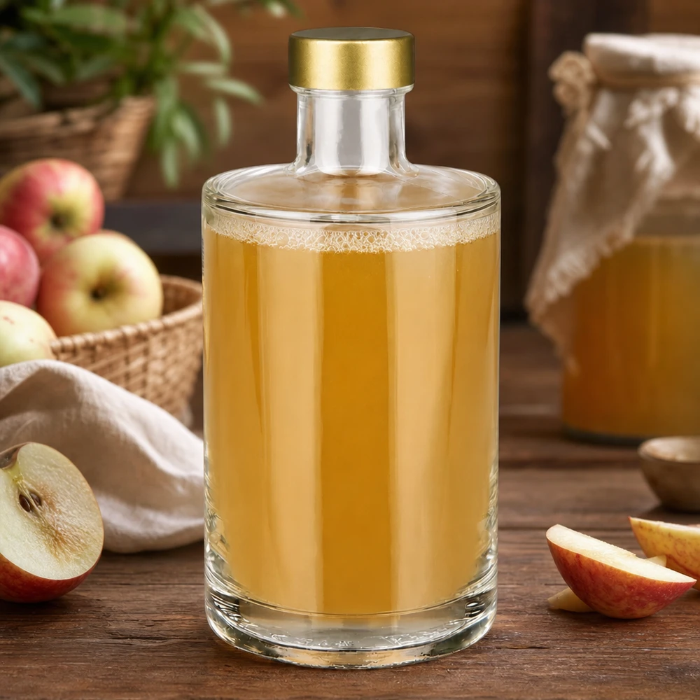375 ml glasflaske Sam + skruelåg guld UNiTWIST® 375ml Glasflasche Sam mit Apfelsaft befüllt goldener Schraubverschluss UNiTWIST frische Äpfel Obstverarbeitung