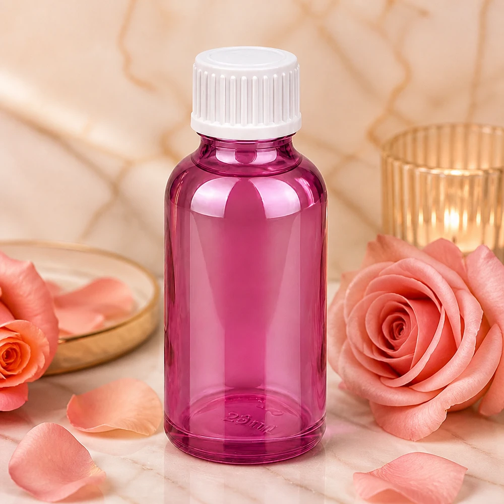 30 ml dråbeflaske 0,9 mm hvid standard PurpleLine. UT18/30 30 ml dråbeflaske af højkvalitetsplast i lilla transparent med hvid hætte