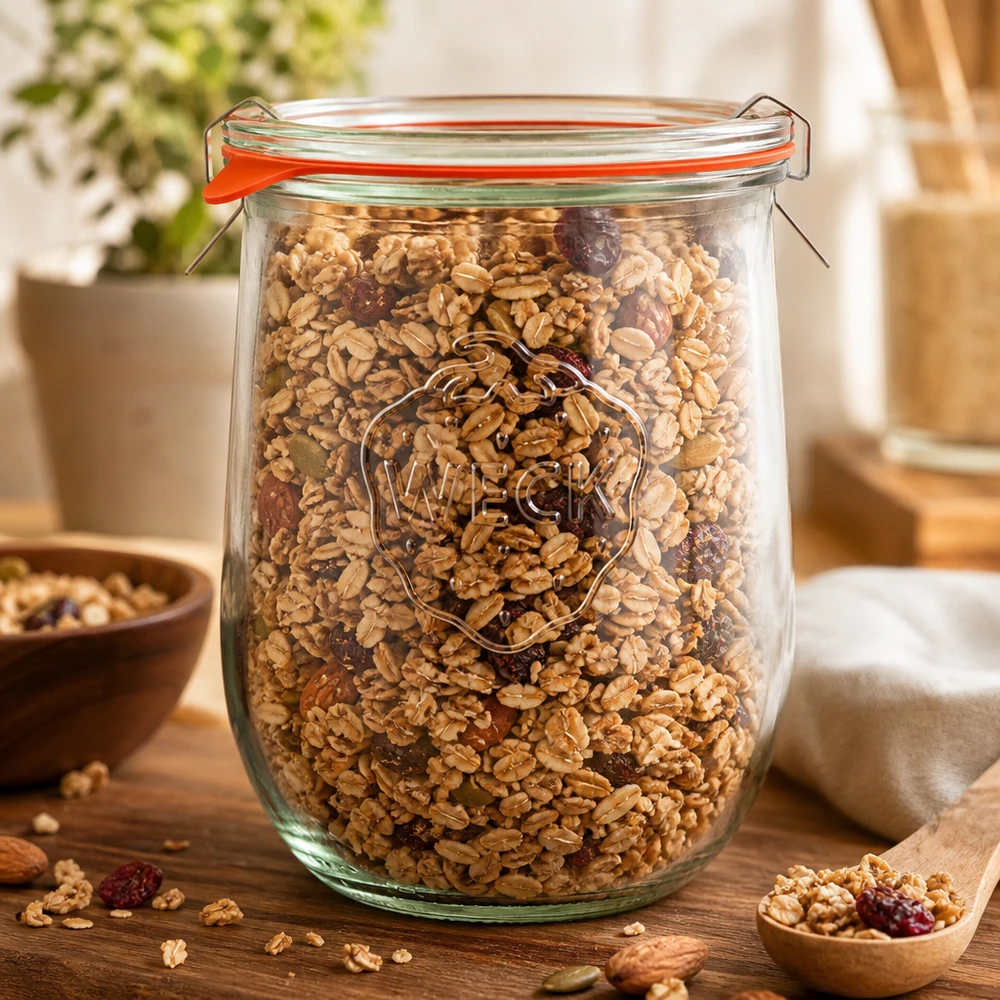 1062 ml tulipankrukke komplet WECK RR100 WECK 1062 ml tulipankrukke RR100 fyldt med müsli og nødder som opbevaringskrukke i køkkenet med svinglåg
