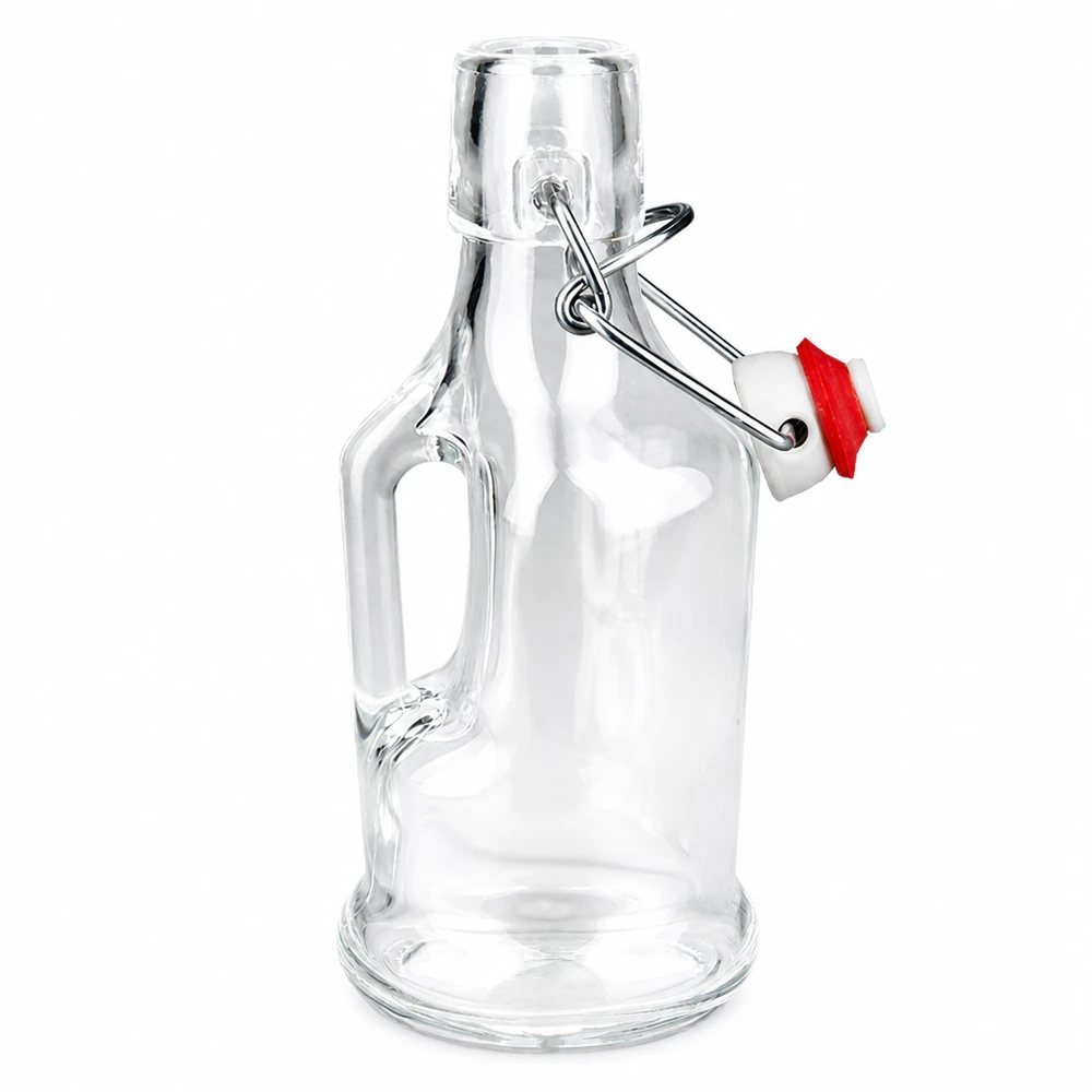 200 ml glasflaske »Bertha« og PVC-skruelåg UNiTWIST® Glasflaske Bertha 200 ml med rød tætningsring på svingtoppen, gennemsigtigt glas, sidehåndtag