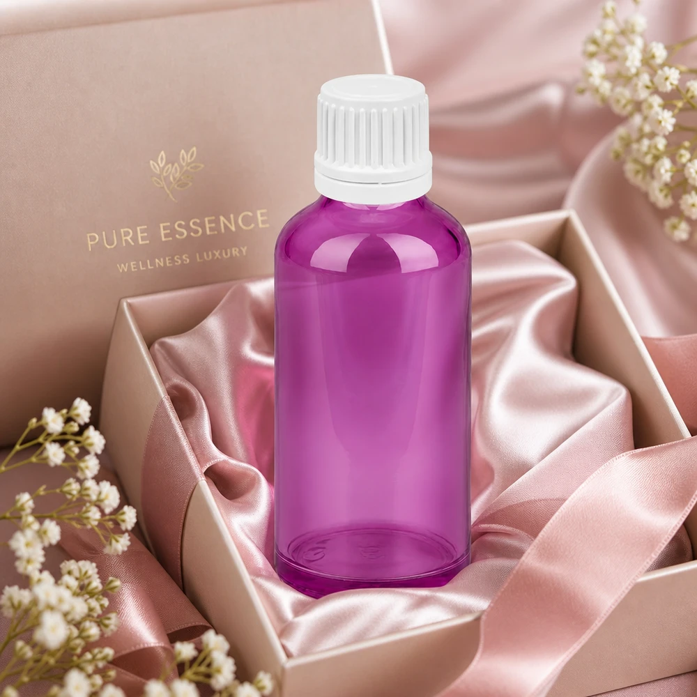 Elegant 50 ml flaske i violet design med hvid hætte til essenser af høj kvalitet