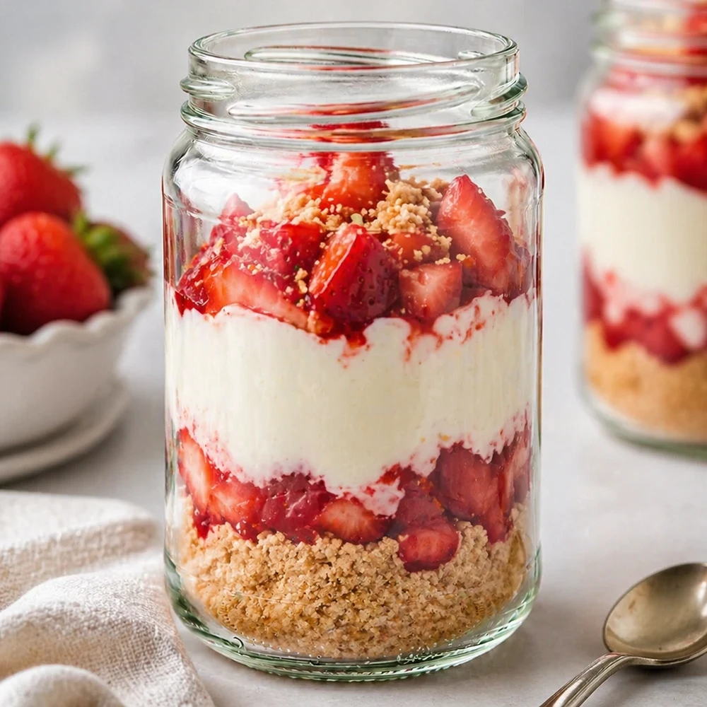 UNiTWIST Runda305 - Rundt glas med en kapacitet på 305 ml TO63 Rund krukke 305 ml fyldt med jordbærdessert viser UNiTWIST Runda305 TO63 konserveringskrukke til lagdelte desserter og yoghurt