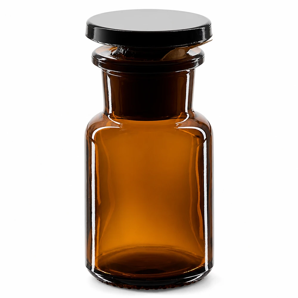 Rund skulderflaske 50 ml brun glasprop med bred hals Brun flaske med runde skuldre, 50 ml, med glasprop og bred hals til laboratorier og apoteker