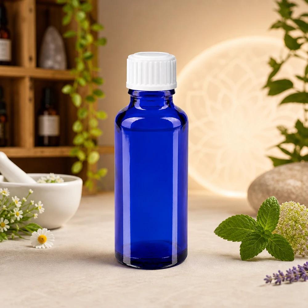 Blå glasflaske på 30 ml med hvid skruelåg, mellem frisk mynte og kamilleblomster