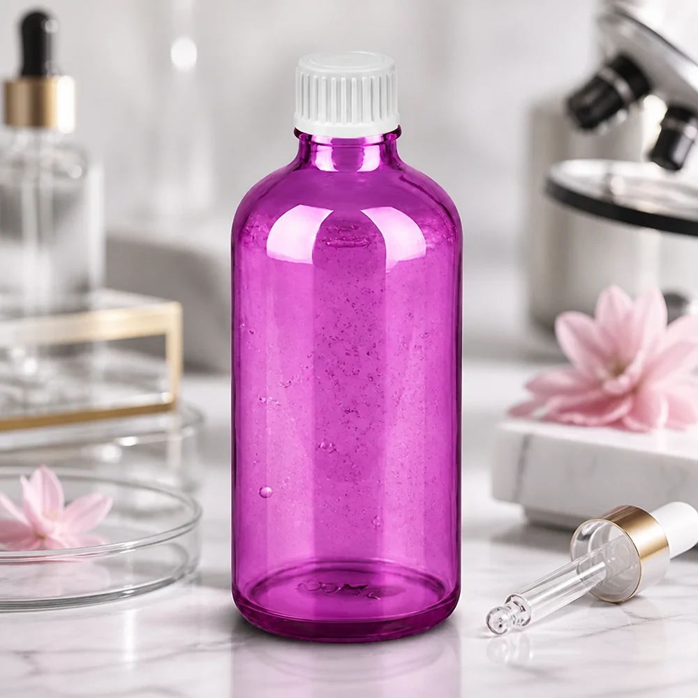 100 ml dråbeflaske 0,9 mm hvid standard PurpleLine UT18/100 Violet glasflaske 100 ml med præcis dråbefunktion til kosmetik og laboratoriebrug