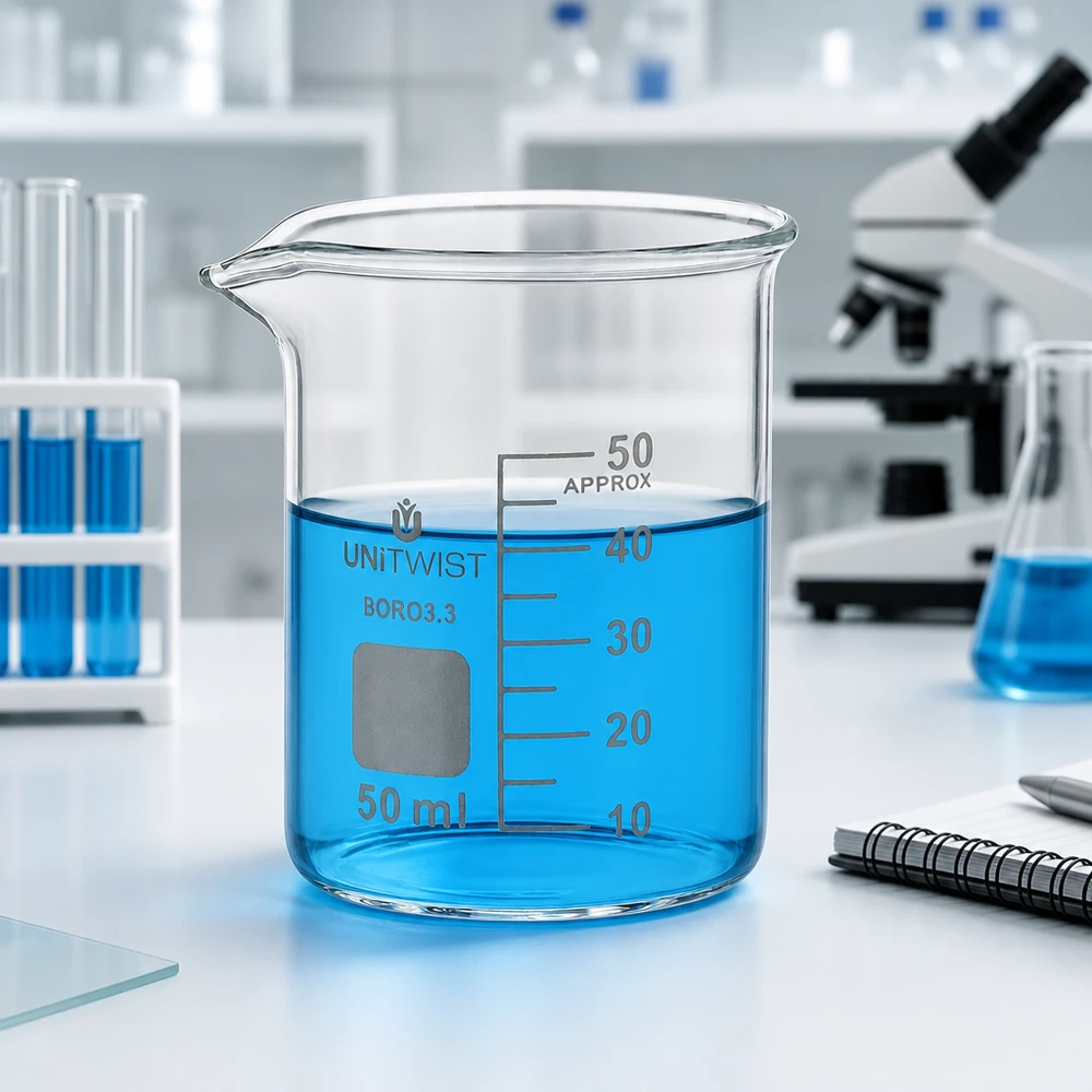 Bæger 50 ml borosilikat, lav skimmel UNiTWIST Laboratorieprøvebeholder, 50 ml, UNiTWIST-bægerglas, lav model, med blå væske op til 40 ml fyldningsniveau